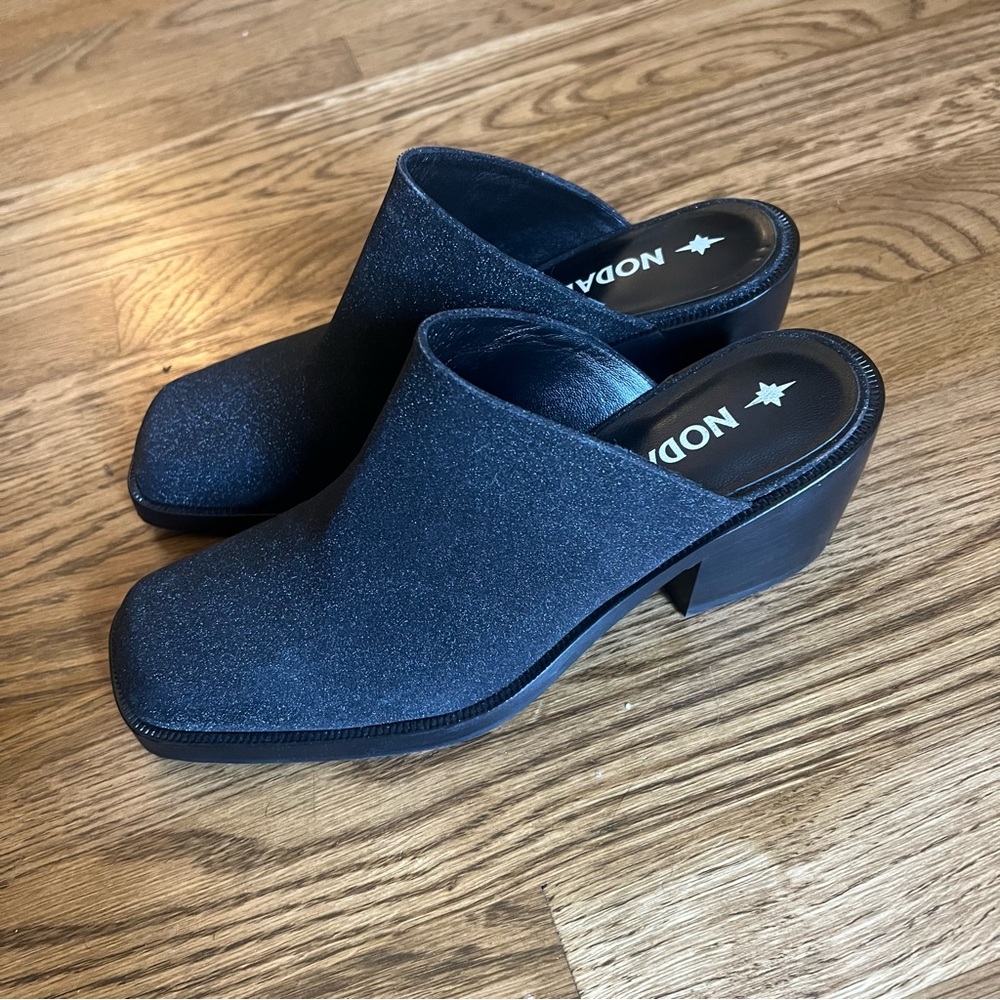 Nodaleto Black Shimmer Bulla Square-Toe Block-Heel Mules, Size 37, Retail $1,500